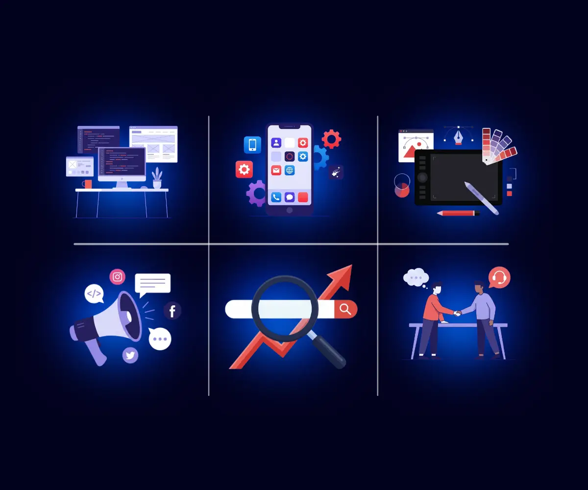 Overview of digital marketing services including SEO, social media, and analytics