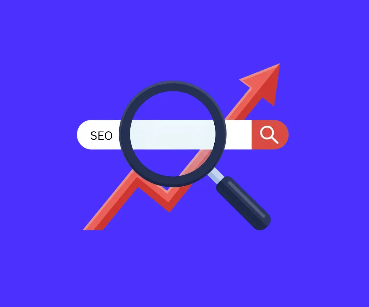 SEO growth optimization with magnifying glass and upward arrow