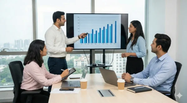 Punchy Minds team discussing digital marketing strategy in office